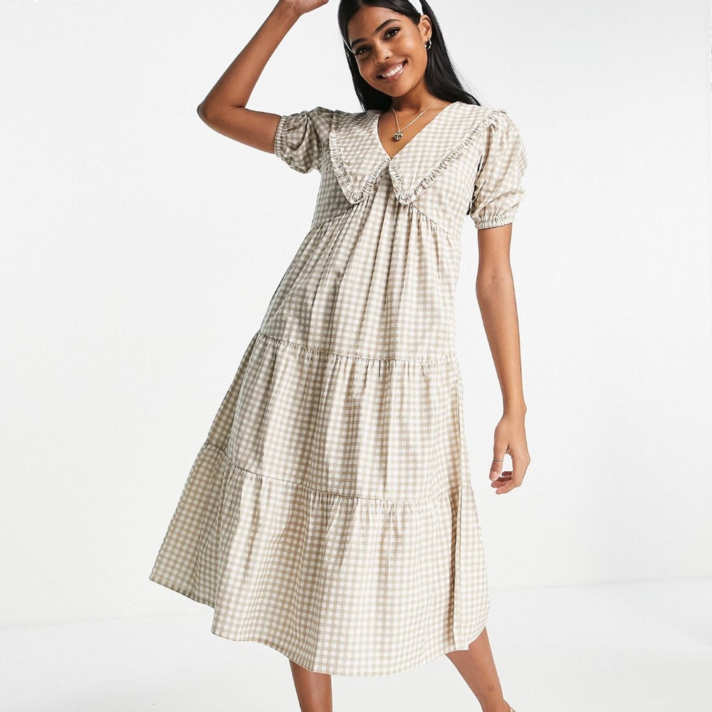 NWT Peter Pan Collar Beige Gingham Midi Dress